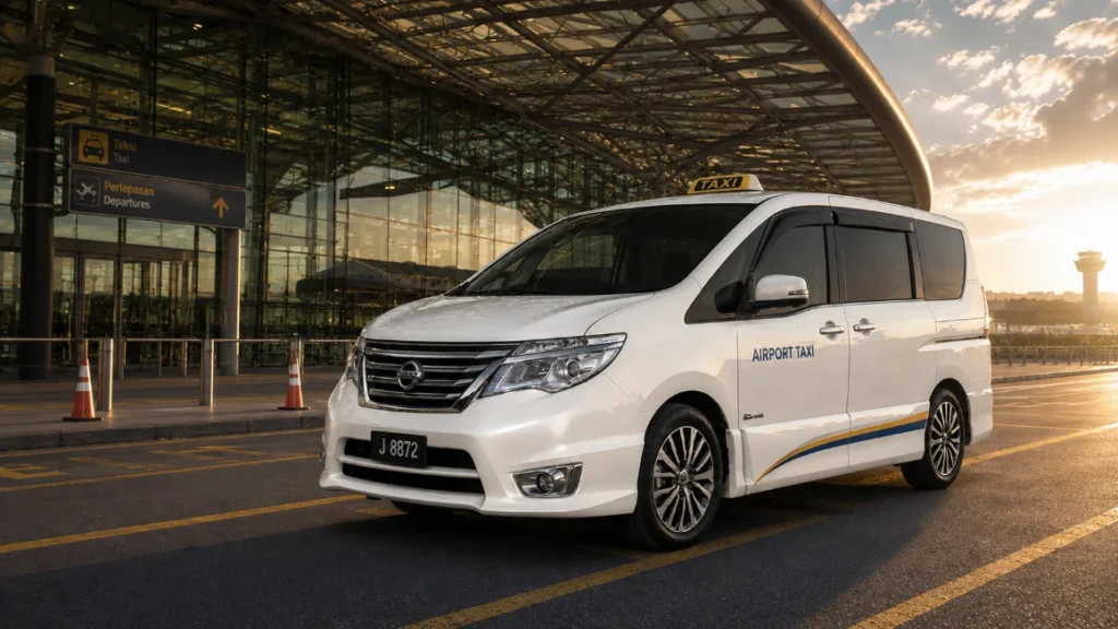 Teksi Nissan Serena putih menunggu di hadapan terminal Lapangan Terbang Antarabangsa Senai